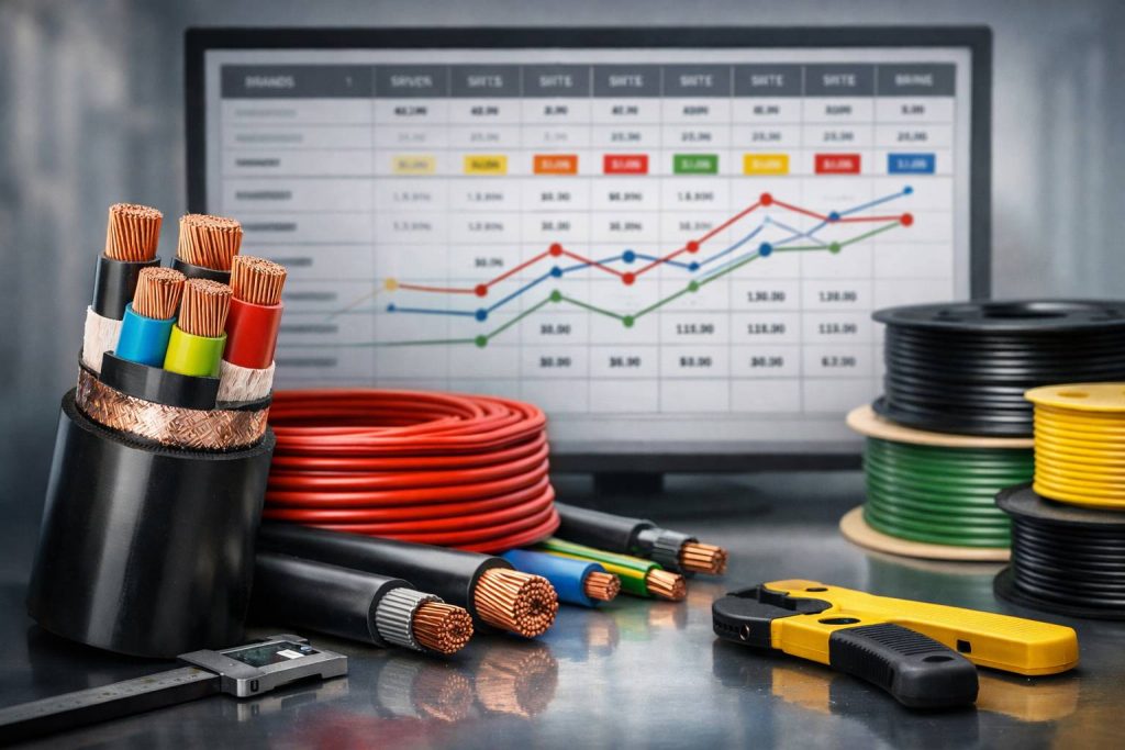 تصویر کابل‌های افشان و چندرشته همراه با چیدمان صنعتی برای مقایسه قیمت برندهای سیم و کابل